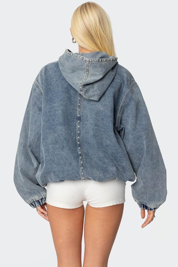 Edikted Marney Oversized Studded Denim Hoodie Blue