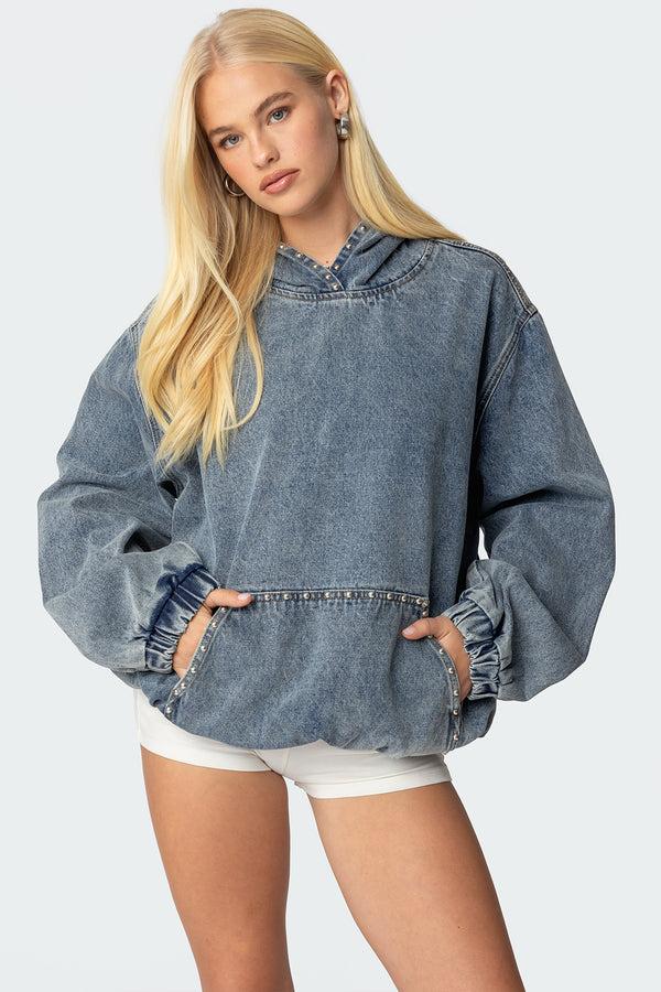 edikted Marney Oversized Studded Denim Hoodie blue