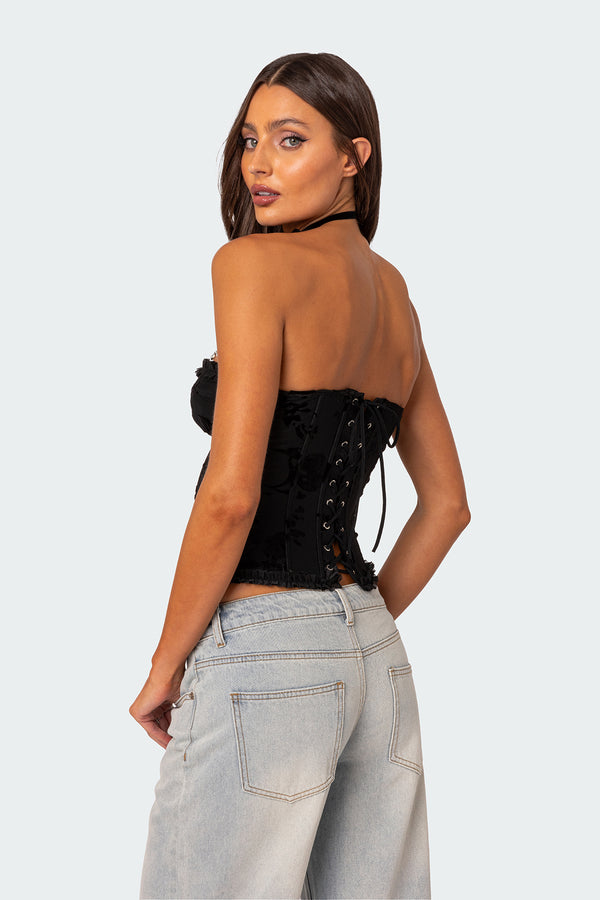 Edikted Marnie Velvet Embroidered Corset Black