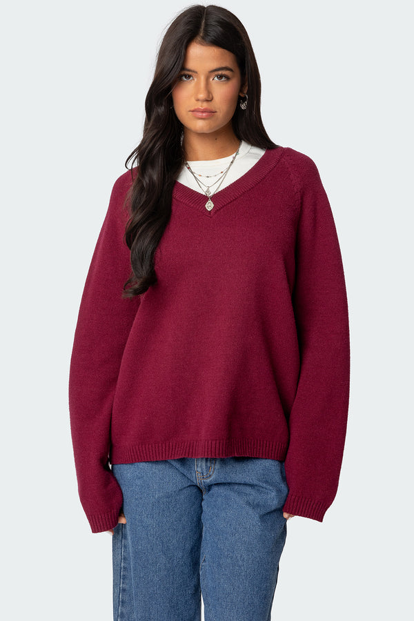 Edikted Martha Oversized V Neck Sweater Burgundy