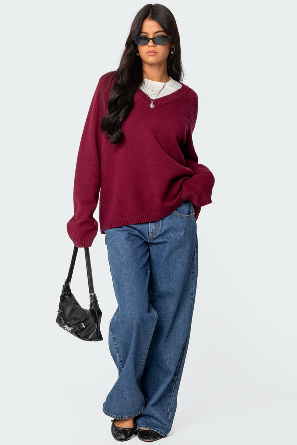 Edikted Martha Oversized V Neck Sweater Burgundy