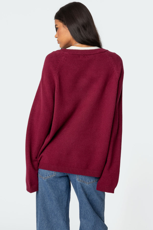Edikted Martha Oversized V Neck Sweater Burgundy