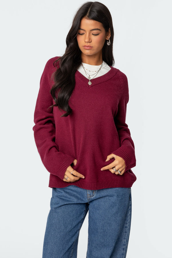 edikted Martha Oversized V Neck Sweater burgundy