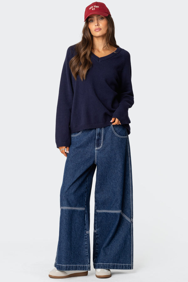 Edikted Martha Oversized V Neck Sweater Navy