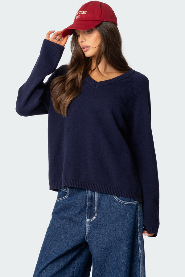 edikted Martha Oversized V Neck Sweater navy