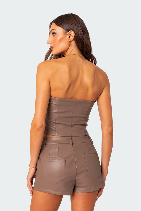 Edikted Martine Faux Leather Tube Top Brown