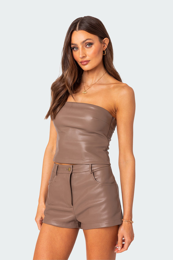 Edikted Martine Faux Leather Tube Top Brown