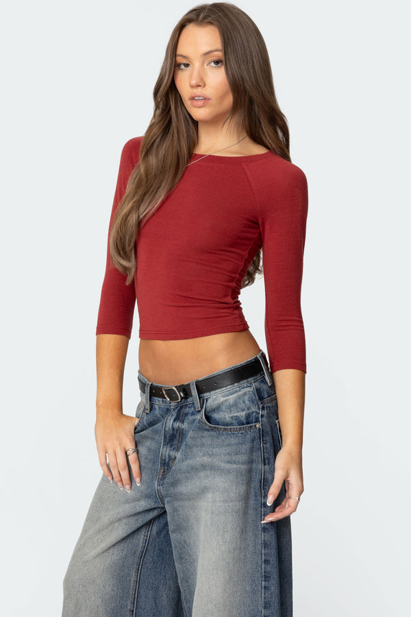 Edikted Mary Quarter Sleeve Wide Neck Top Burgundy