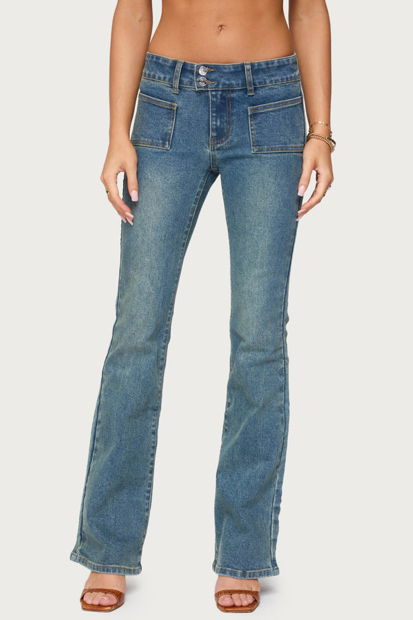 Edikted Mattea Low Rise Flared Jeans Blue Washed