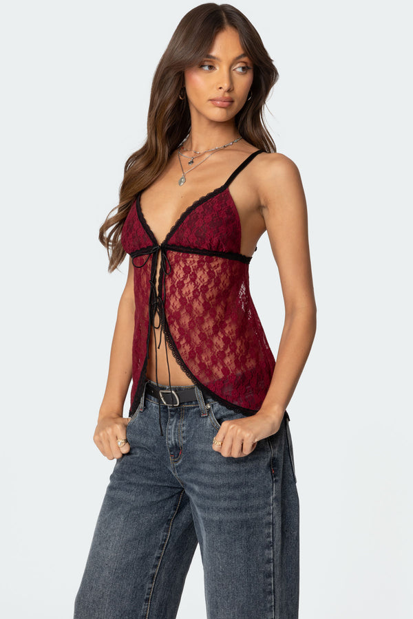 Edikted Maude Tie Front Sheer Lace Top Burgundy