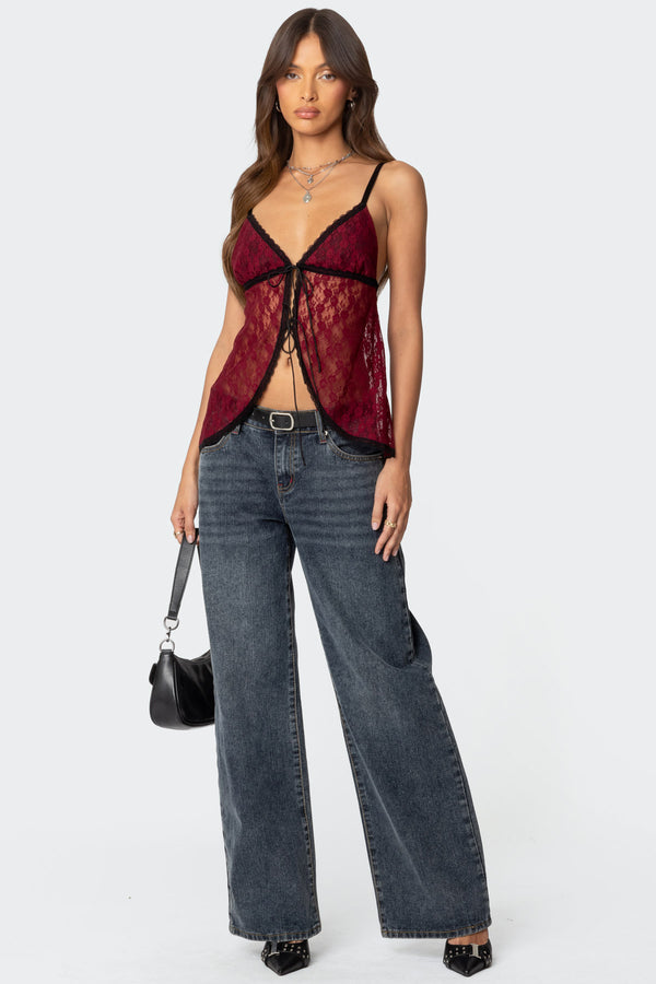 Edikted Maude Tie Front Sheer Lace Top Burgundy