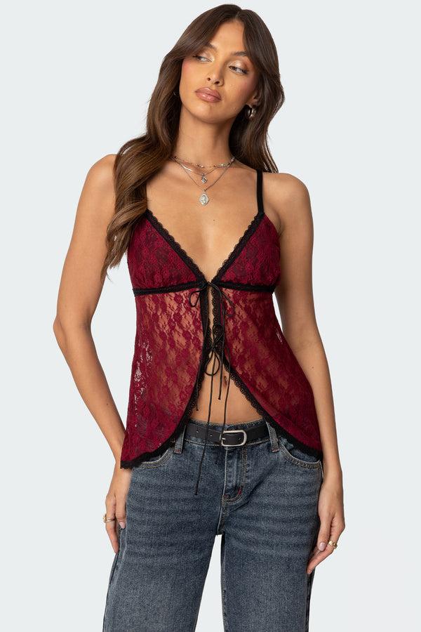 edikted Maude Tie Front Sheer Lace Top burgundy