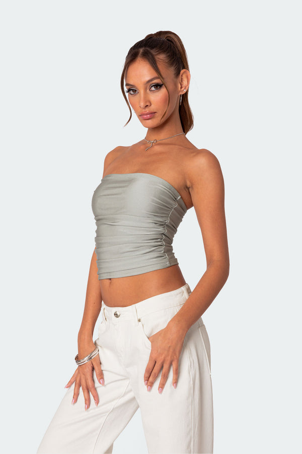Edikted Maxeen Shiny Gathered Tube Top Silver