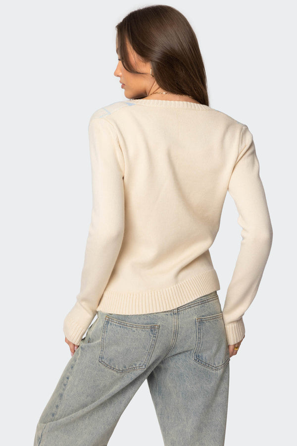 Edikted Maybelle Argyle Cardigan Cream And Blue