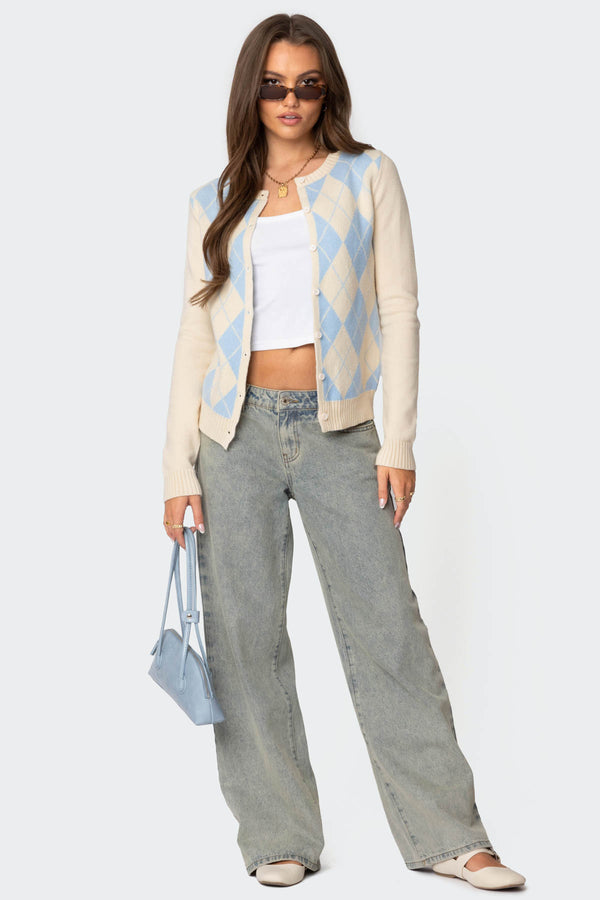 Edikted Maybelle Argyle Cardigan Cream And Blue