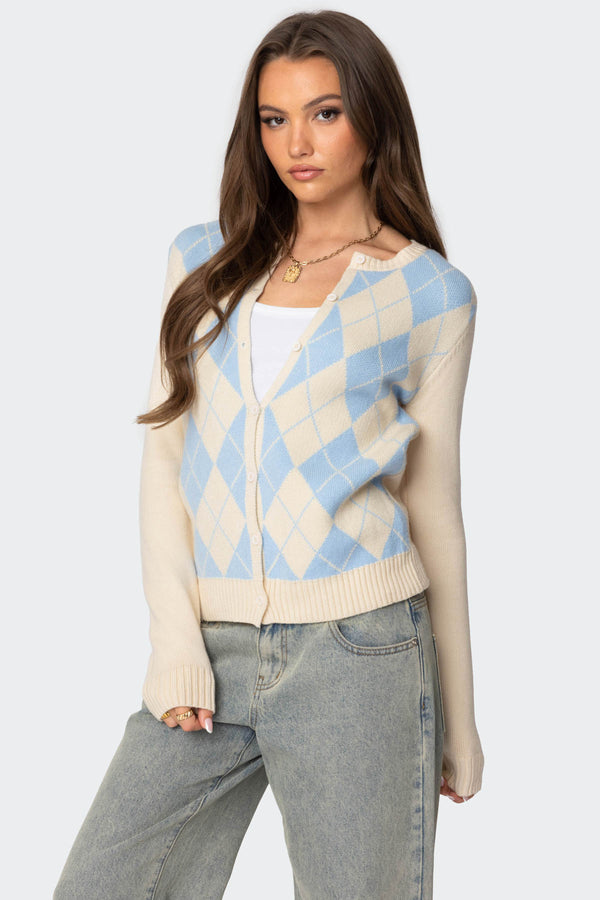 Edikted Maybelle Argyle Cardigan Cream And Blue