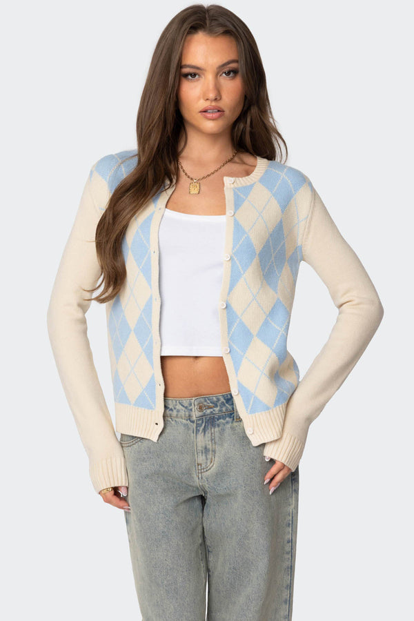 edikted Maybelle Argyle Cardigan cream and blue