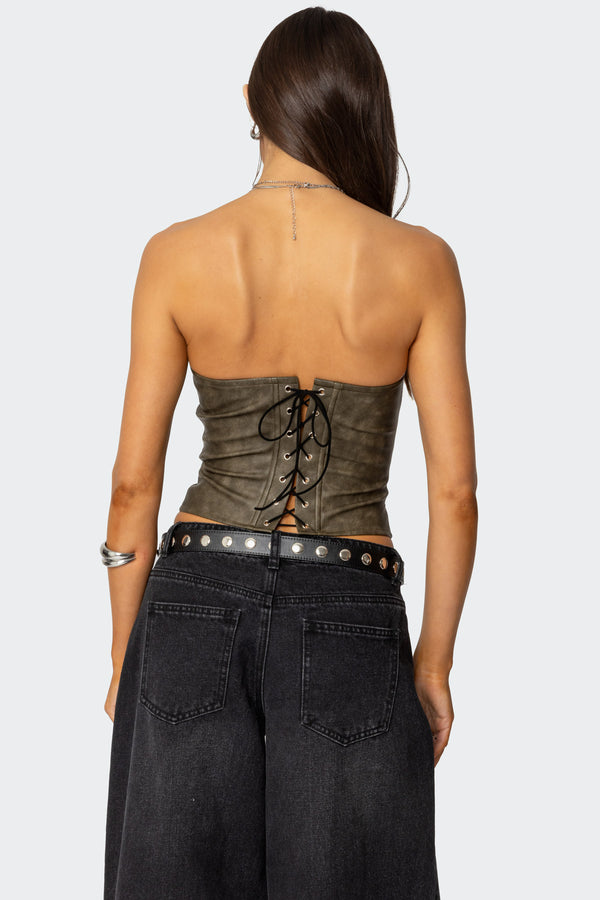 Edikted Maysen Faux Leather Corset Dark Gray