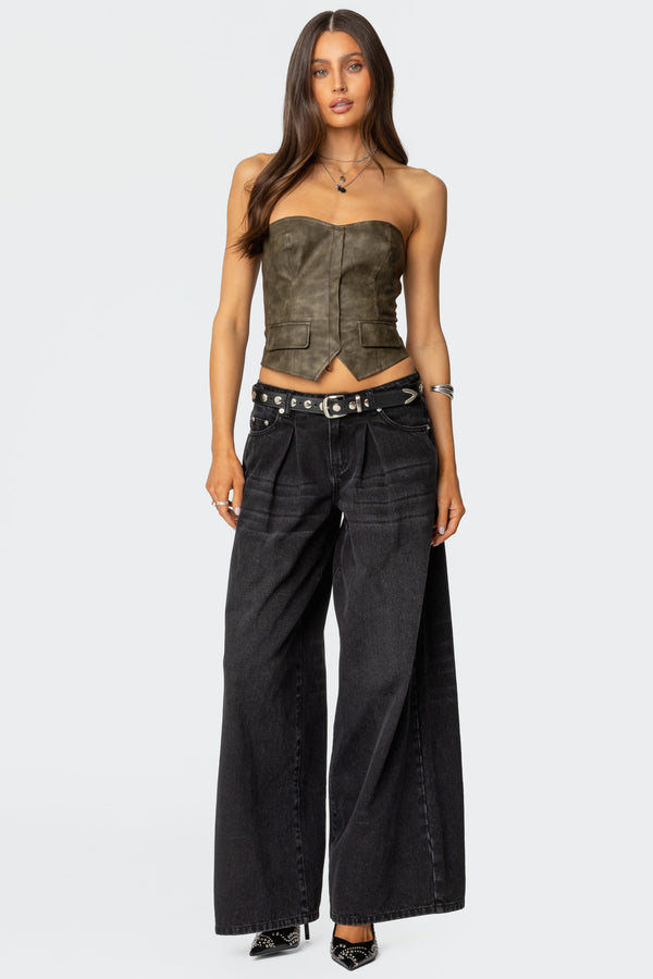 Edikted Maysen Faux Leather Corset Dark Gray