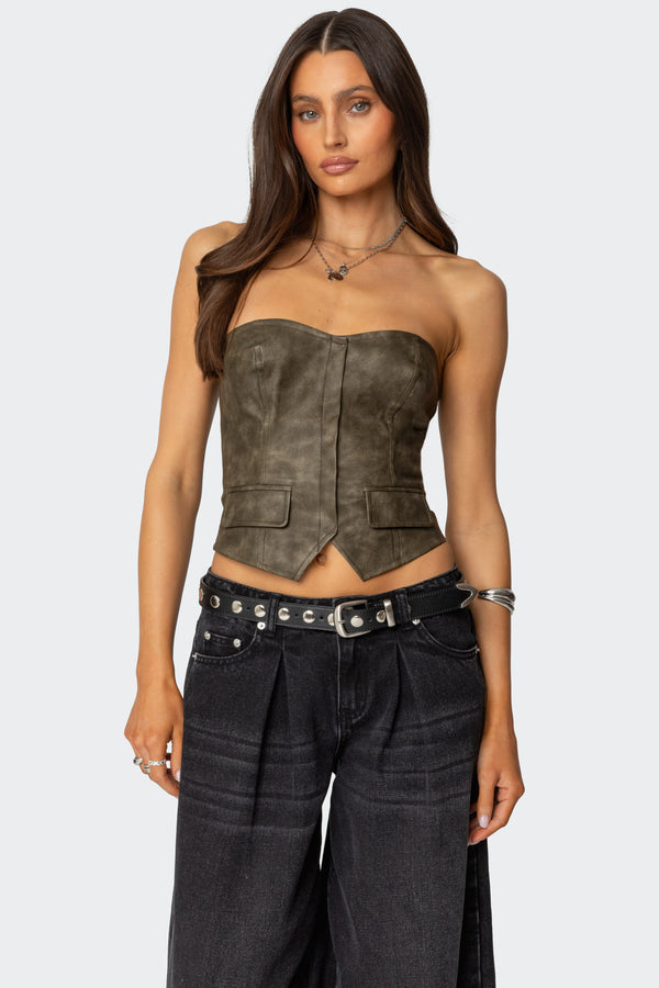 Edikted Maysen Faux Leather Corset Dark Gray