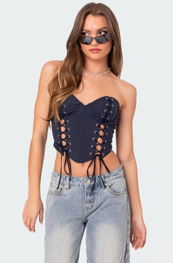 edikted Mckenna Lace Up Corset navy