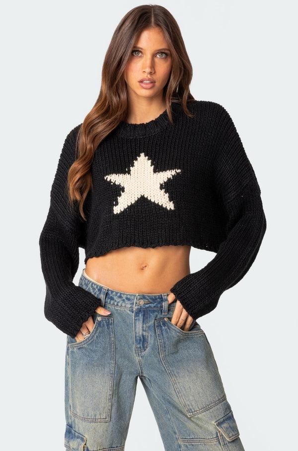 edikted Mega Star Cropped Sweater black