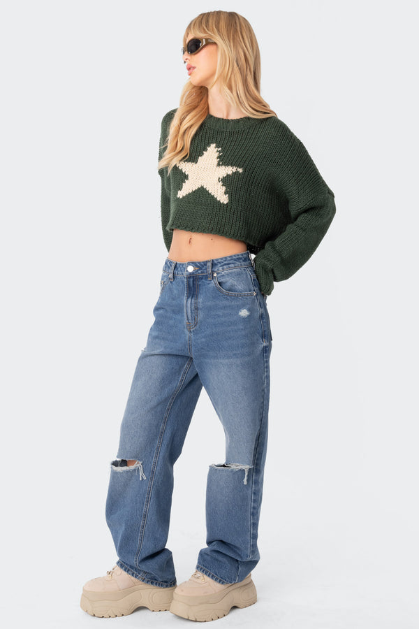 Edikted Mega Star Cropped Sweater Green