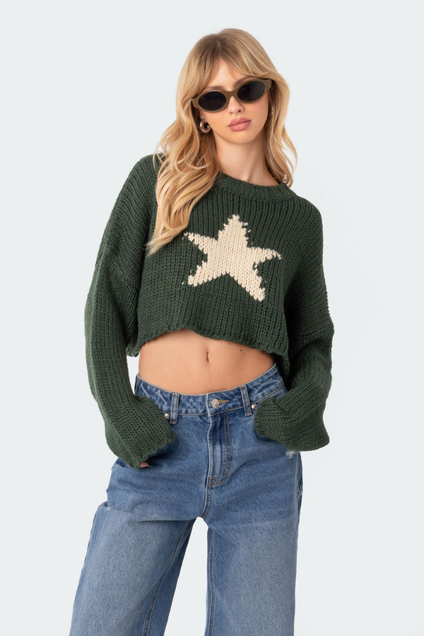 Edikted Mega Star Cropped Sweater Green