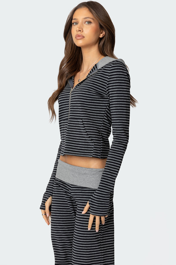 Edikted Meggy Striped Zip Up Hoodie Black And Gray
