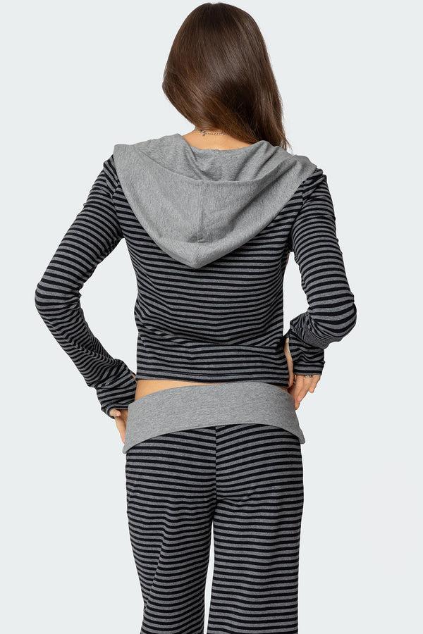 Edikted Meggy Striped Zip Up Hoodie Black And Gray
