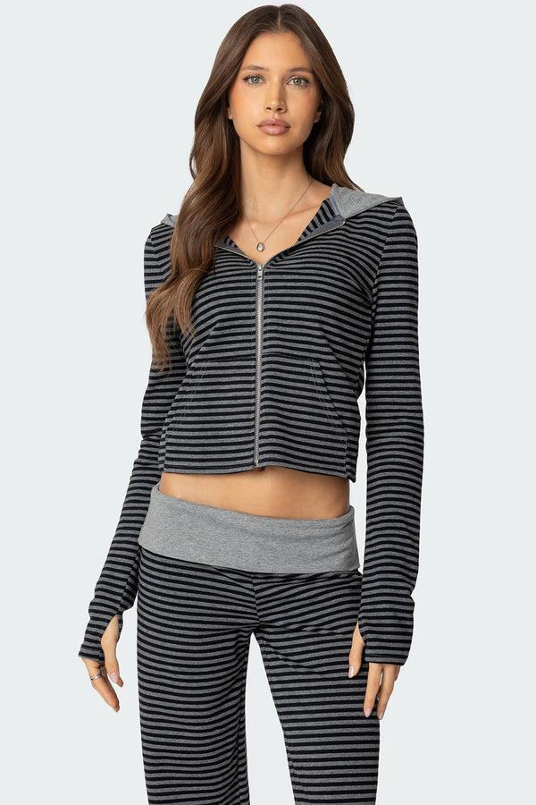 edikted Meggy Striped Zip Up Hoodie black and gray