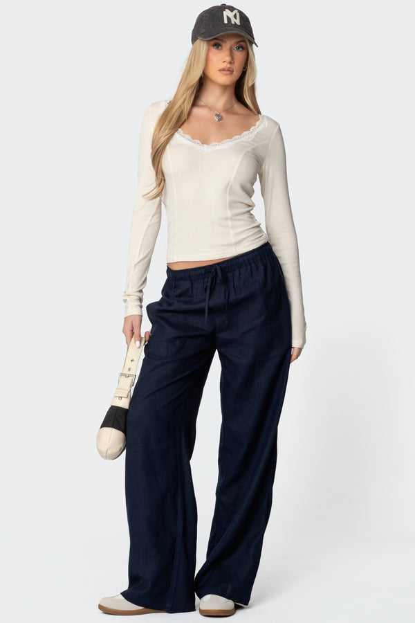 Edikted Mel Lace Trim V Neck Top Cream