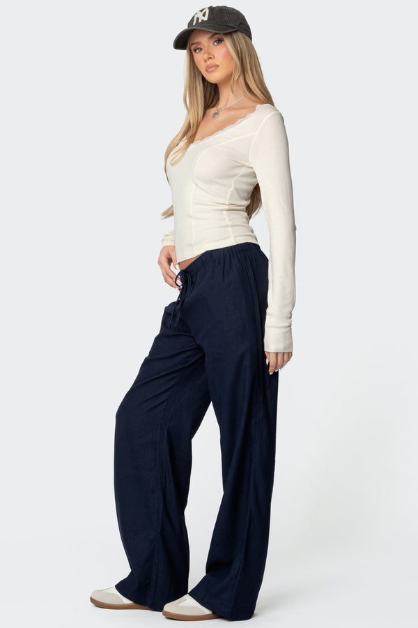 Edikted Mel Lace Trim V Neck Top Cream