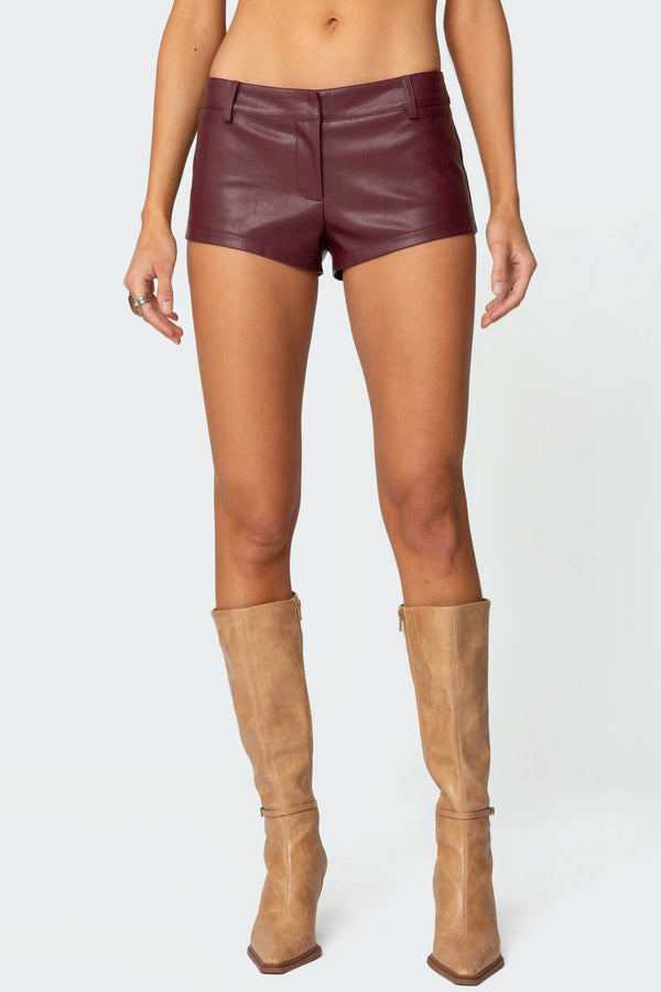 Edikted Melaney Faux Leather Micro Shorts Burgundy