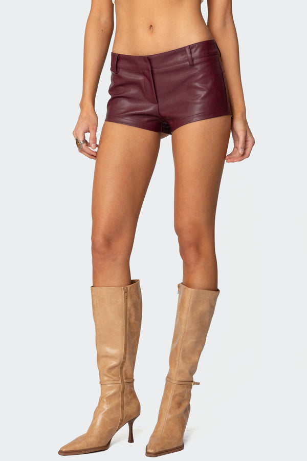 Edikted Melaney Faux Leather Micro Shorts Burgundy