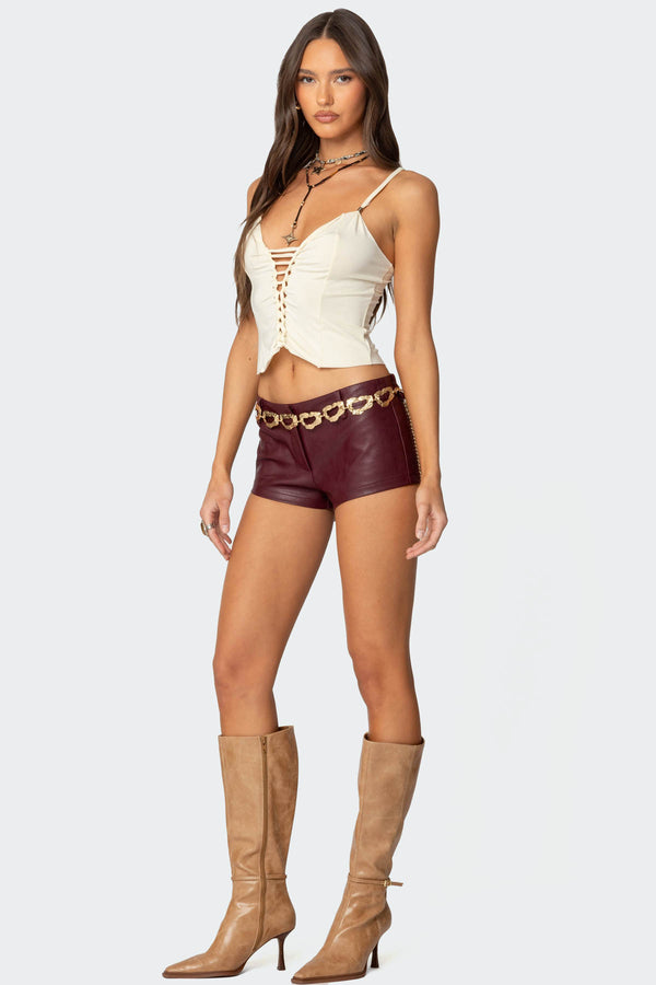 Edikted Melaney Faux Leather Micro Shorts Burgundy