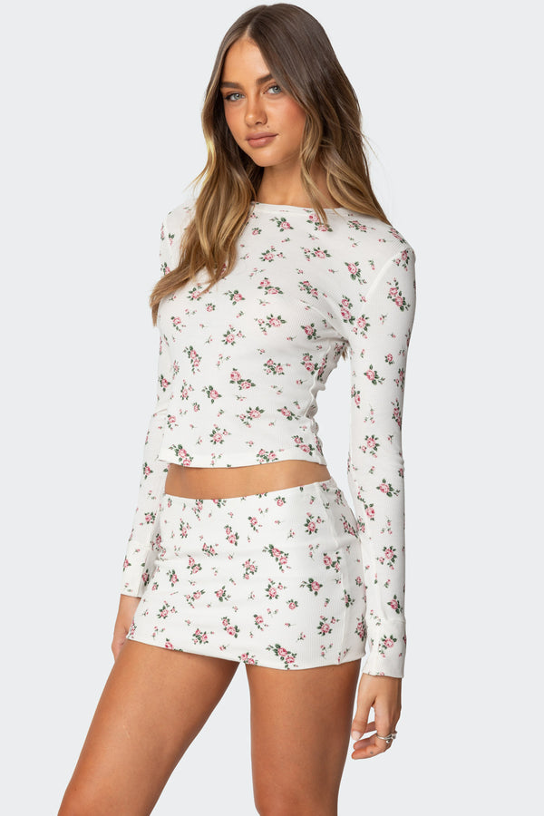 Edikted Melany Floral Waffle T Shirt Cream