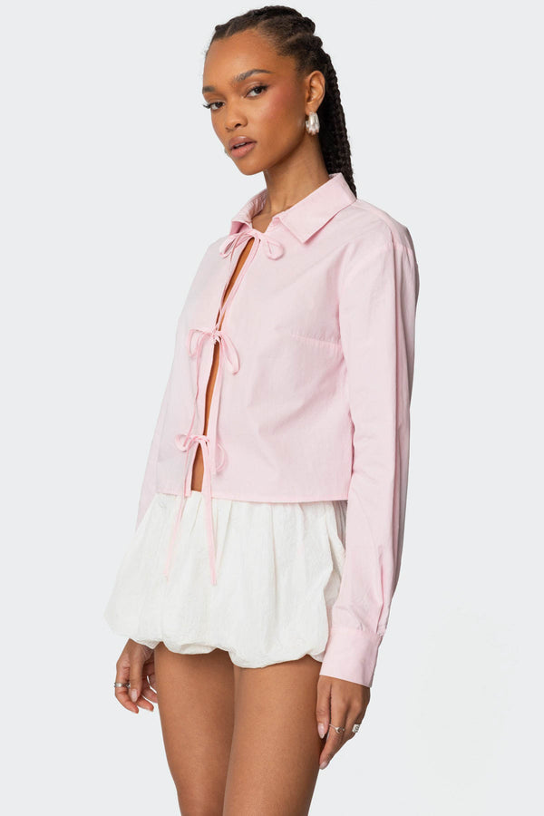 Edikted Melrose Tie Front Collared Top Light Pink