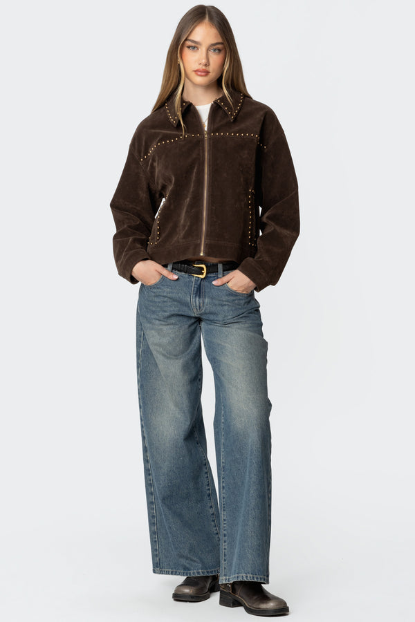 Edikted Memphis Studded Faux Suede Jacket Brown