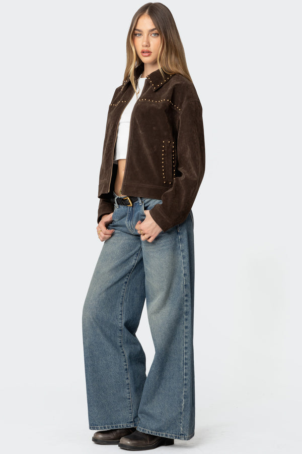 Edikted Memphis Studded Faux Suede Jacket Brown