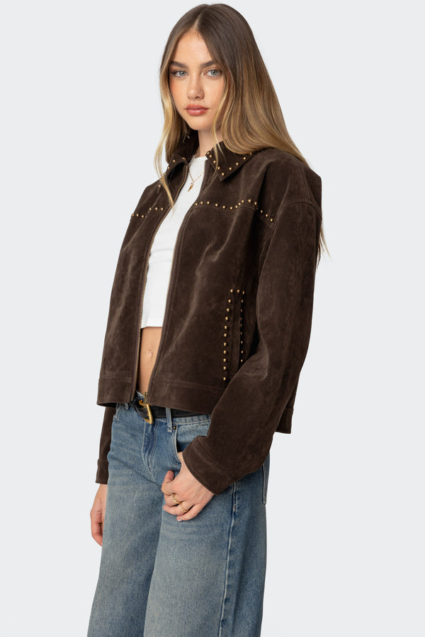 Edikted Memphis Studded Faux Suede Jacket Brown