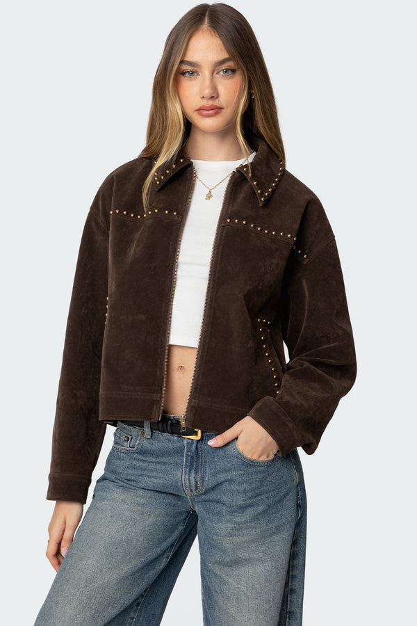 edikted Memphis Studded Faux Suede Jacket brown