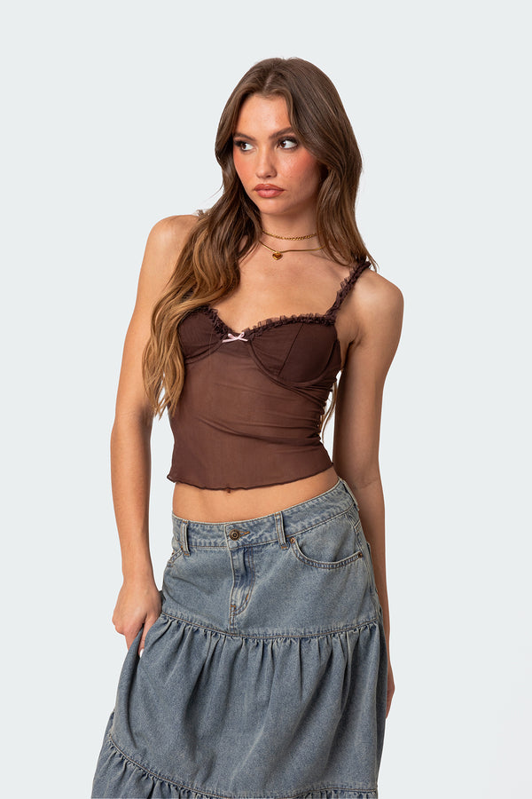 Edikted Mercy Sheer Mesh Bra Top Brown