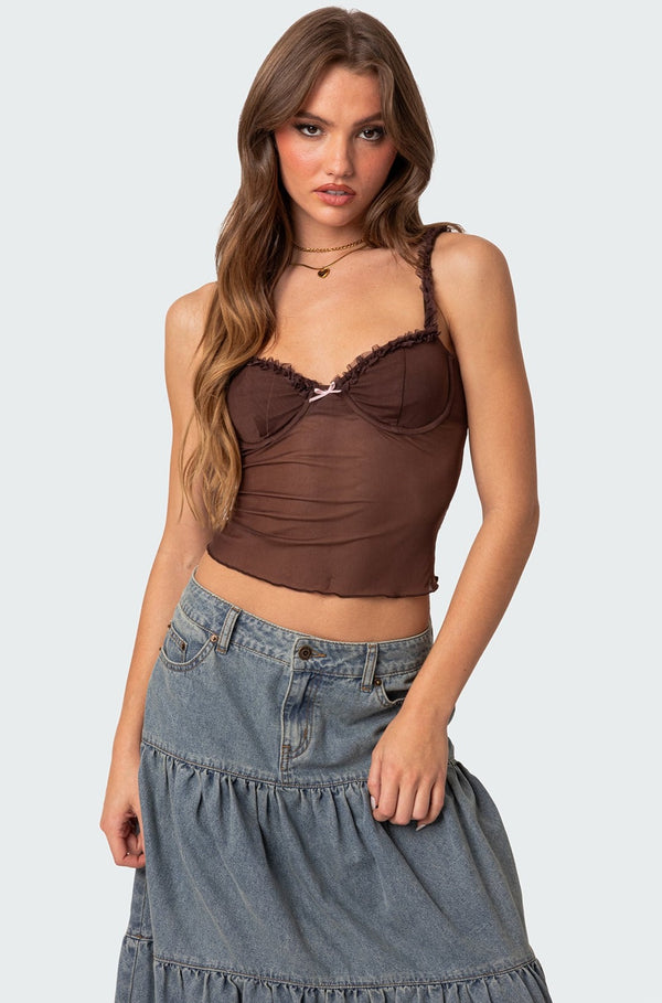 edikted Mercy Sheer Mesh Bra Top brown