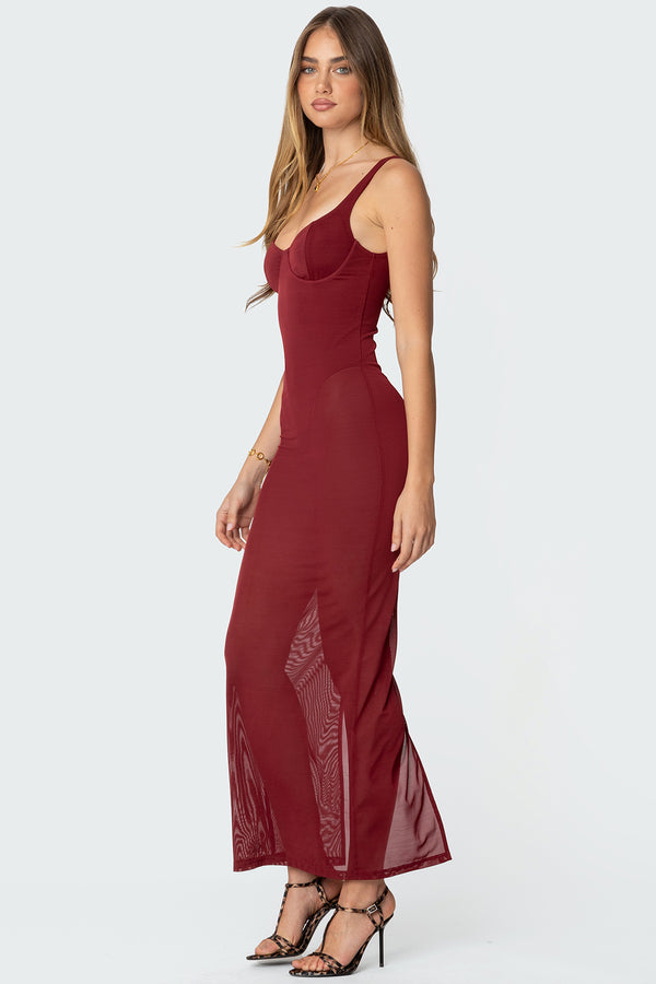 Edikted Mesh Built In Bodysuit Maxi Dress Burgundy