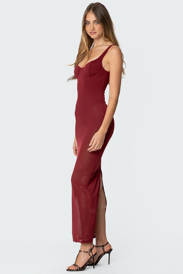 Edikted Mesh Built In Bodysuit Maxi Dress Burgundy