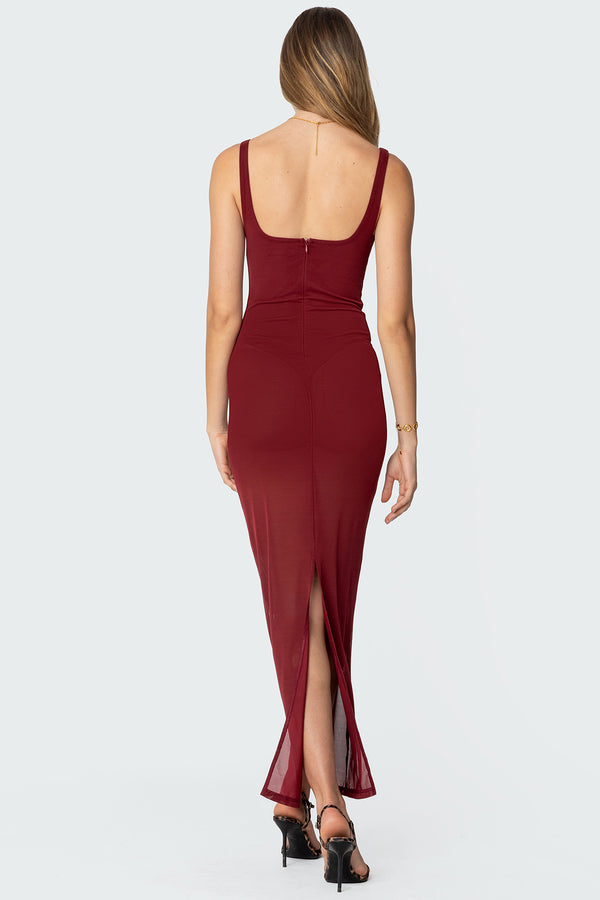Edikted Mesh Built In Bodysuit Maxi Dress Burgundy