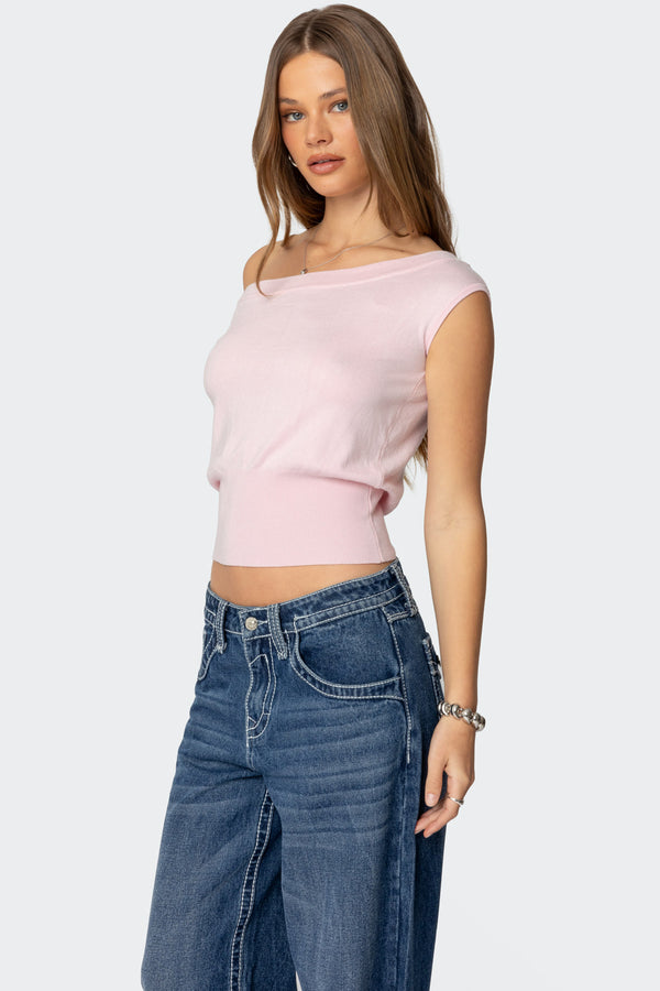 Edikted Michaela Off Shoulder Knit Top Light Pink