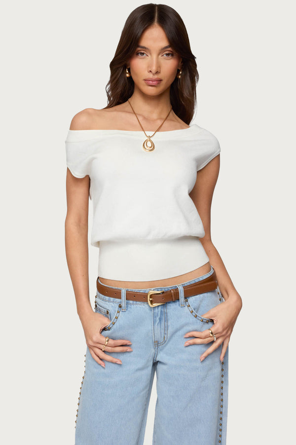 Edikted Michaela Off Shoulder Knit Top White