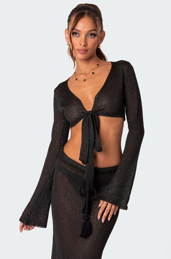 edikted Micro Sequin Tie Front Knit Crop Top black